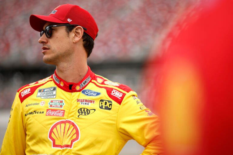 TALLADEGA, ALABAMA - APRIL 20: Joey Logano, driver of the #22 Shell Pennzoil Ford, looks on during qualifying for the NASCAR Cup Series GEICO 500 at Talladega Superspeedway on April 20, 2024 in Talladega, Alabama. (Photo by Sean Gardner/Getty Images)