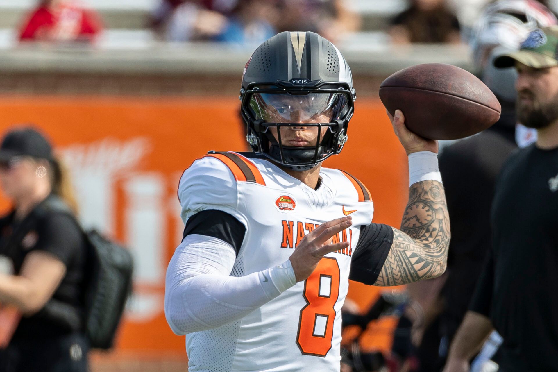 Feb 1, 2025; Mobile, AL, USA; National team quarterback Dillon Gabriel of Oregon (8) warms up before the 2025 Senior Bowl football game against the American Team at Hancock Whitney Stadium. Mandatory Credit: Vasha Hunt-Imagn Images
