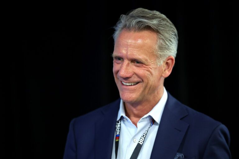 HOMESTEAD, FLORIDA - MARCH 23: NASCAR President Steve Phelps attends the drivers meeting prior to the NASCAR Cup Series Straight Talk Wireless 400 at Homestead-Miami Speedway on March 23, 2025 in Homestead, Florida. (Photo by James Gilbert/Getty Images)