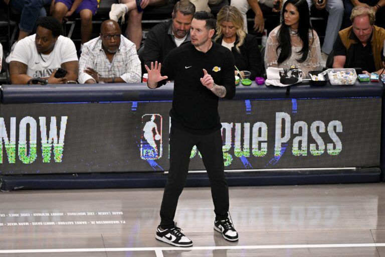 Apr 9, 2025; Dallas, Texas, USA; Los Angeles Lakers head coach JJ Redick during the game between the Dallas Mavericks and the Los Angeles Lakers at American Airlines Center. Mandatory Credit: Jerome Miron-Imagn Images