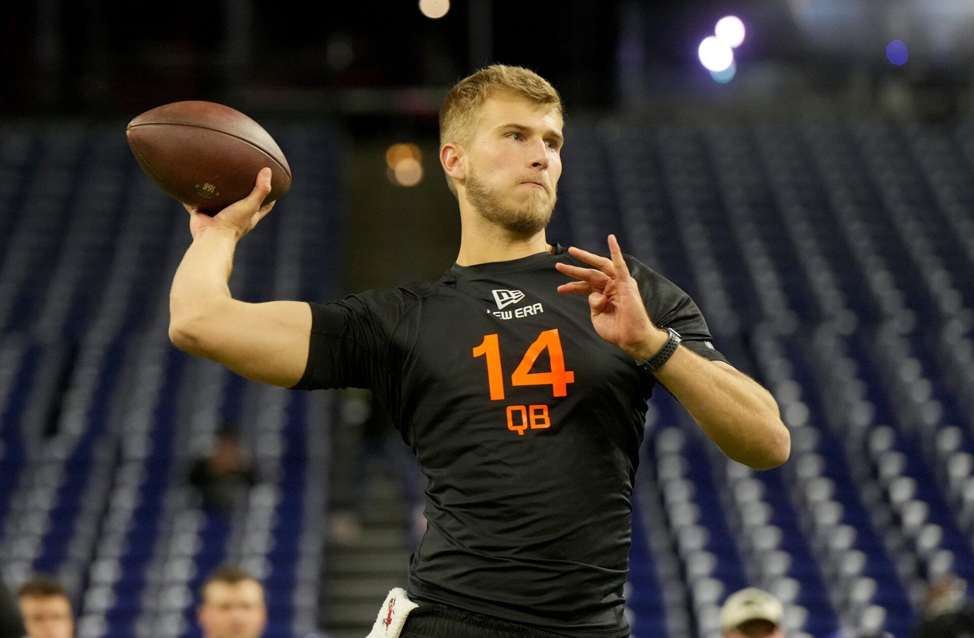 Louisville quarterback Tyler Shough (QB14) during the 2025 NFL Combine at Lucas Oil Stadium.