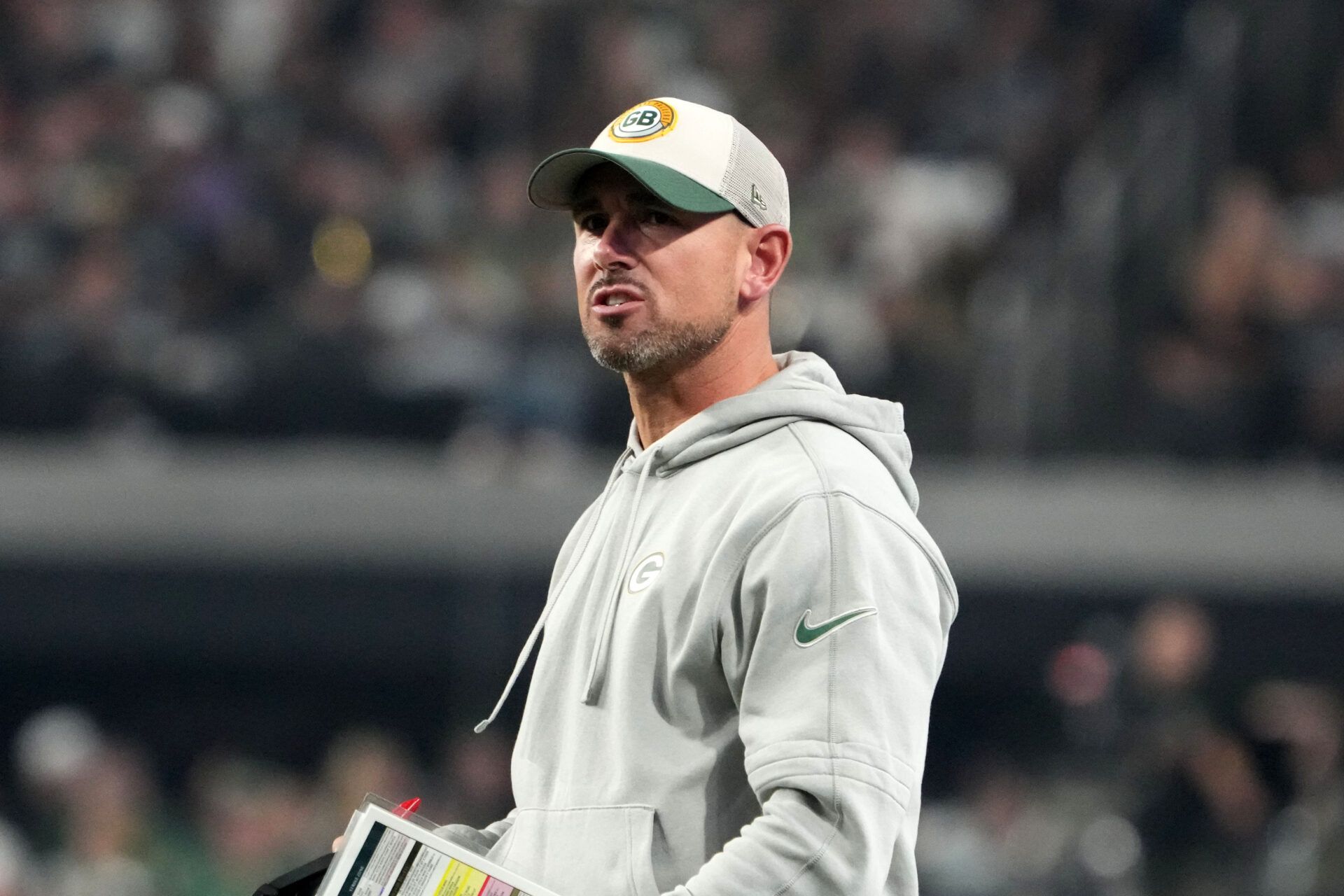 Oct 9, 2023; Paradise, Nevada, USA; Green Bay Packers coach Matt LaFleur reacts against the Las Vegas Raiders in the second half at Allegiant Stadium. Mandatory Credit: Kirby Lee-Imagn Images