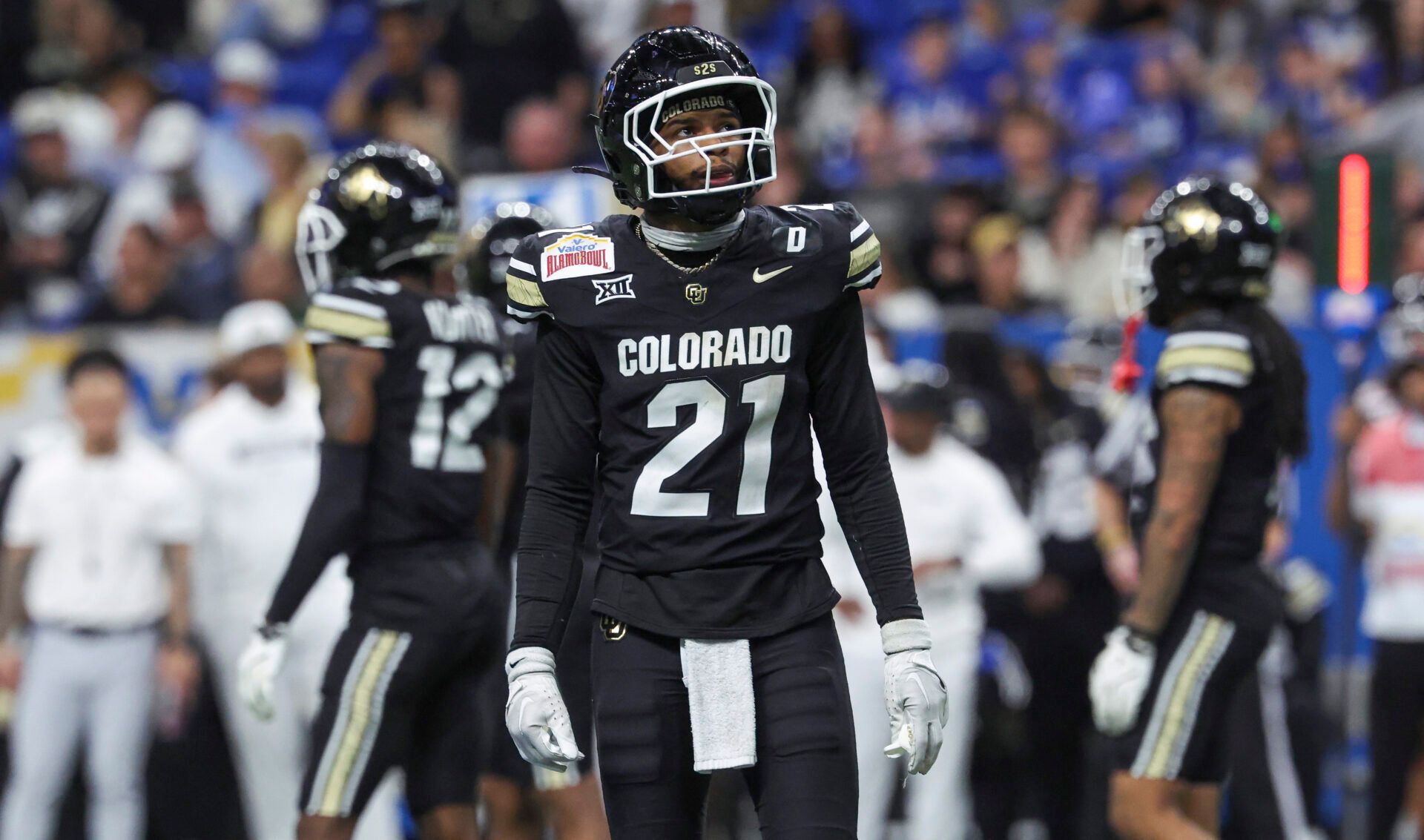 Dec 28, 2024; San Antonio, TX, USA; Colorado Buffaloes safety Shilo Sanders (21) looks up during the fourth quarter against the Brigham Young Cougars at Alamodome. Mandatory Credit: Troy Taormina-Imagn Images