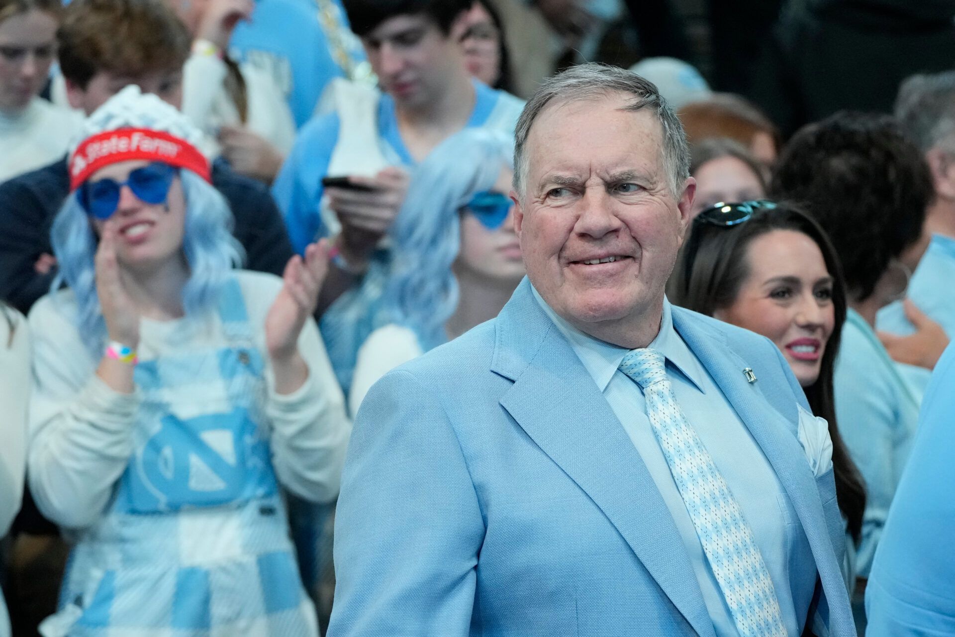 Mar 8, 2025; Chapel Hill, North Carolina, USA; North Carolina Tar Heels football coach Bill Belichick before the game at Dean E. Smith Center. Mandatory Credit: Bob Donnan-Imagn Images