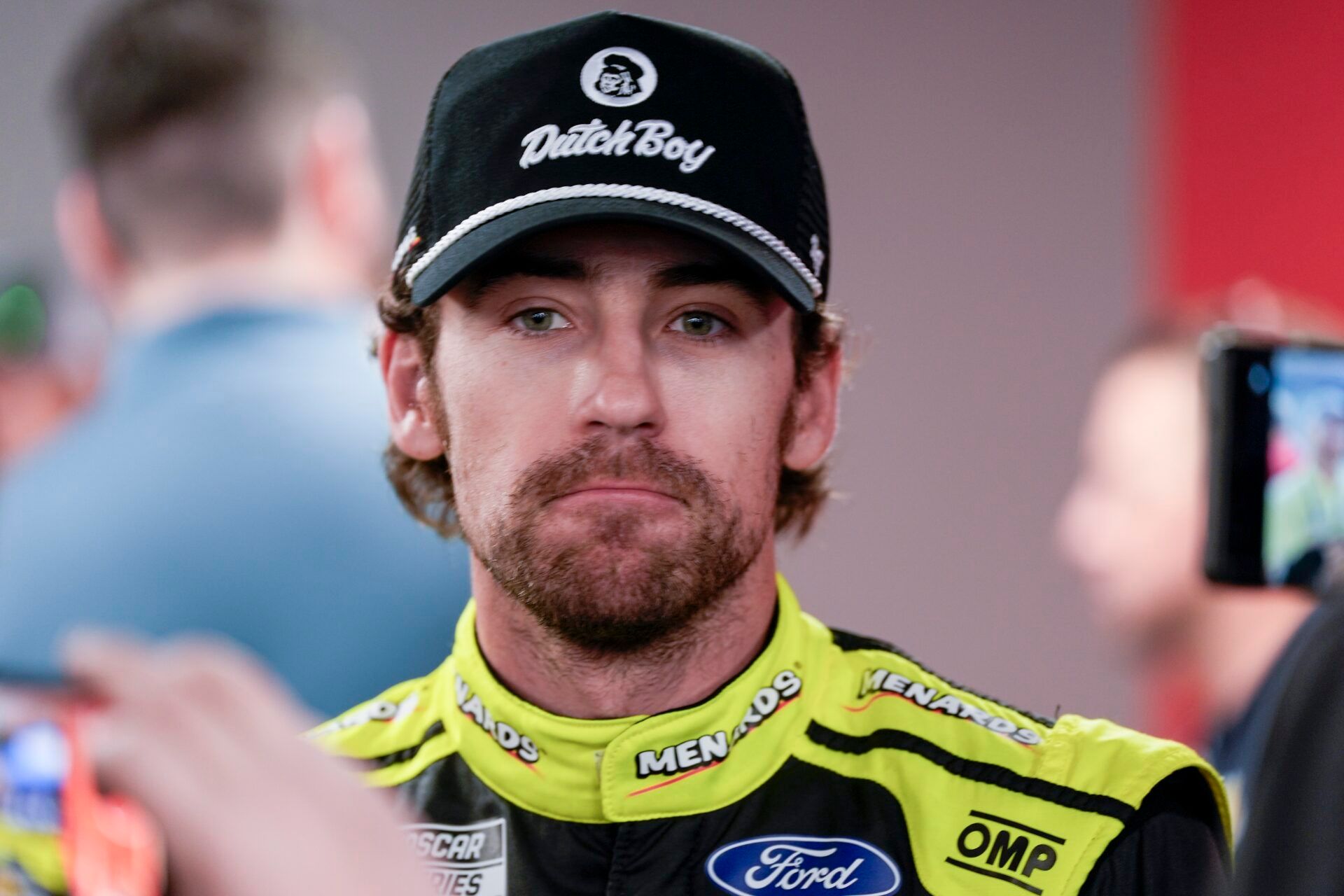 Apr 5, 2025; Darlington, South Carolina, USA; NASCAR Cup Series driver Ryan Blaney (12) talks with media at Darlington Raceway. Mandatory Credit: Jim Dedmon-Imagn Images