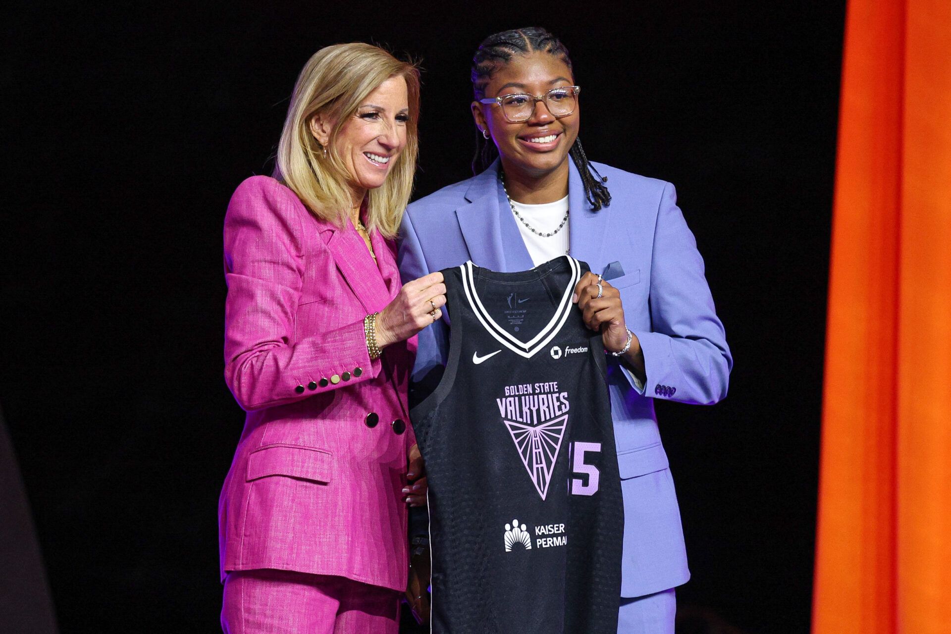 Apr 14, 2025; New York, New York, USA; Shyanne Sellers poses with WNBA commissioner Cathy Engelbert after being selected with the number seventeen overall pick to the Golden State Valkyries in the 2025 WNBA Draft at The Shed at Hudson Yards. Mandatory Credit: Vincent Carchietta-Imagn Images