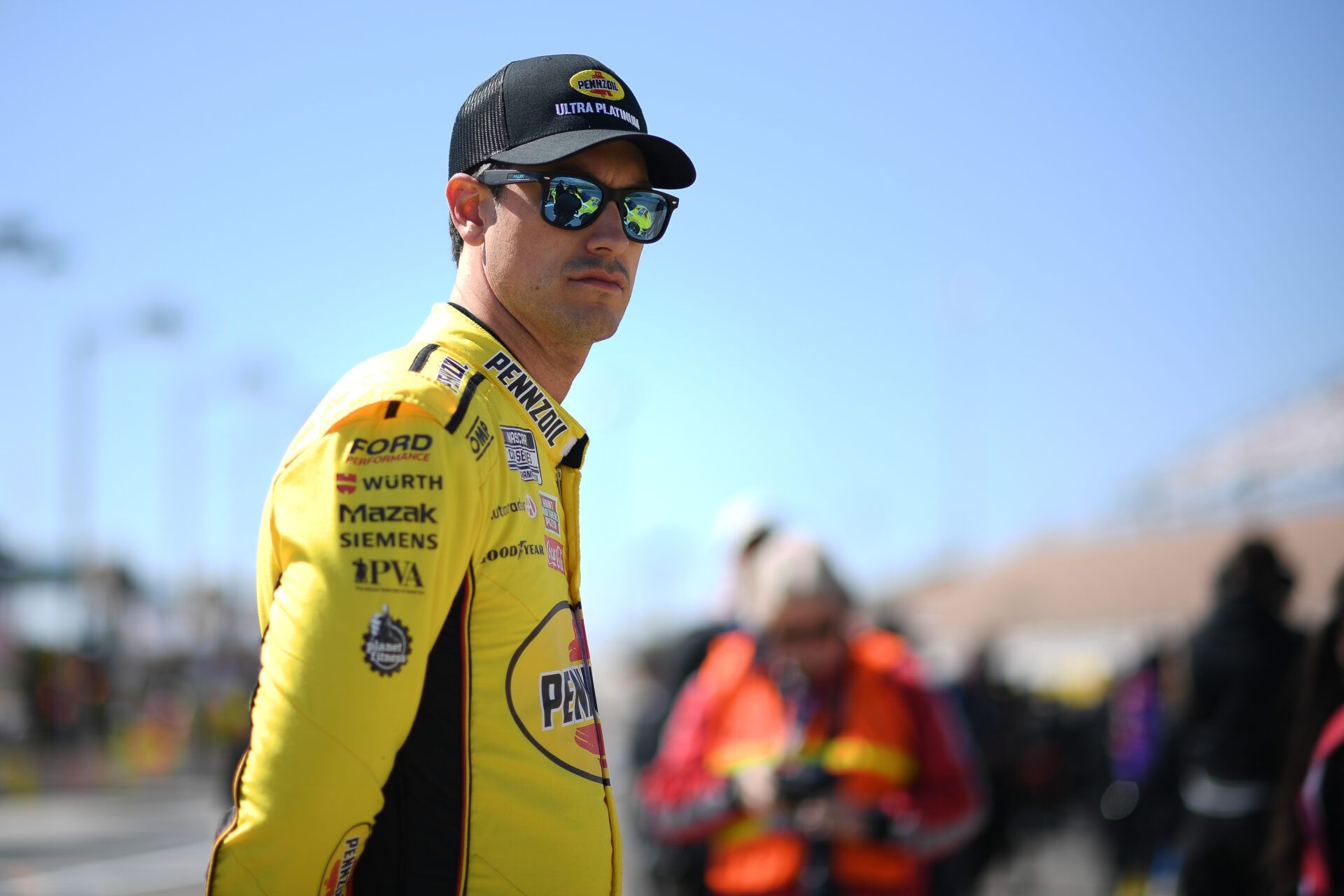 Mar 15, 2025; Las Vegas, Nevada, USA; NASCAR Cup Series driver Joey Logano (22) during qualifying for the Pennzoil 400 at Las Vegas Motor Speedway. Mandatory Credit: Gary A. Vasquez-Imagn Images