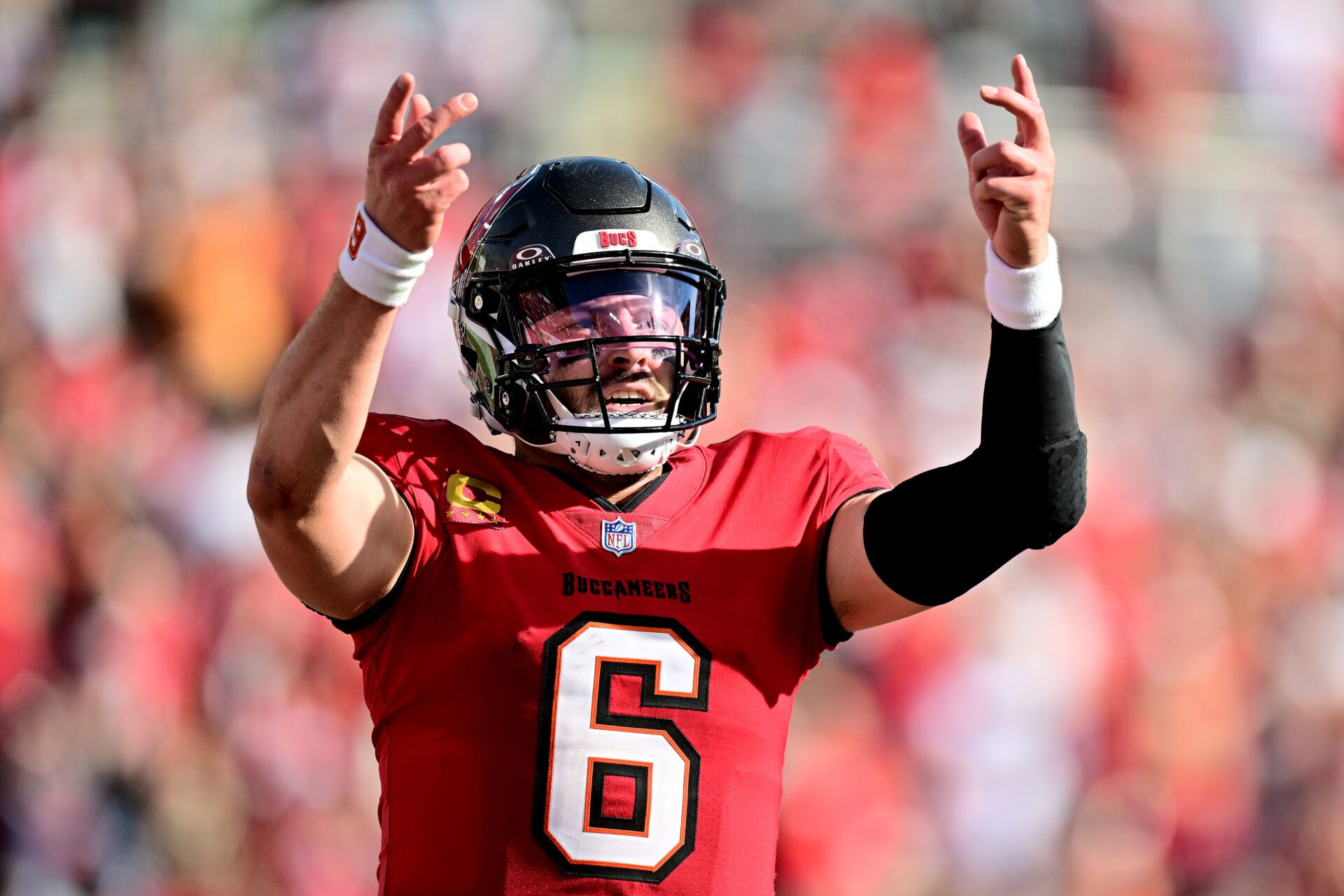 TAMPA, FLORIDA - JANUARY 05: Baker Mayfield #6 of the Tampa Bay Buccaneers celebrates scoring a touchdown against the New Orleans Saints in the third quarter of the game at Raymond James Stadium on January 05, 2025 in Tampa, Florida. (Photo by Julio Aguilar/Getty Images)