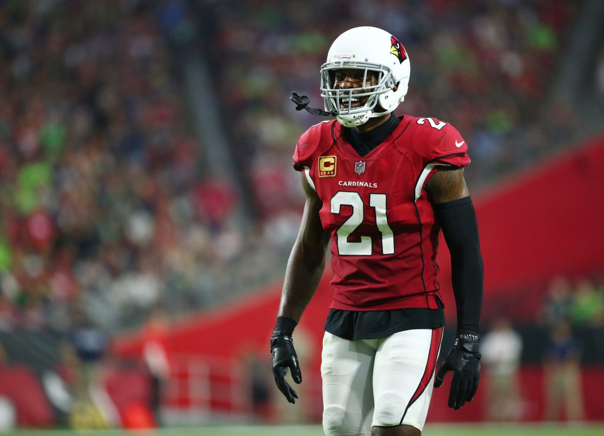 Arizona Cardinals Patrick Peterson laughs after a flag was thrown on him against the Seattle Seahawks in the second half at State Farm Stadium in Glendale, Ariz.