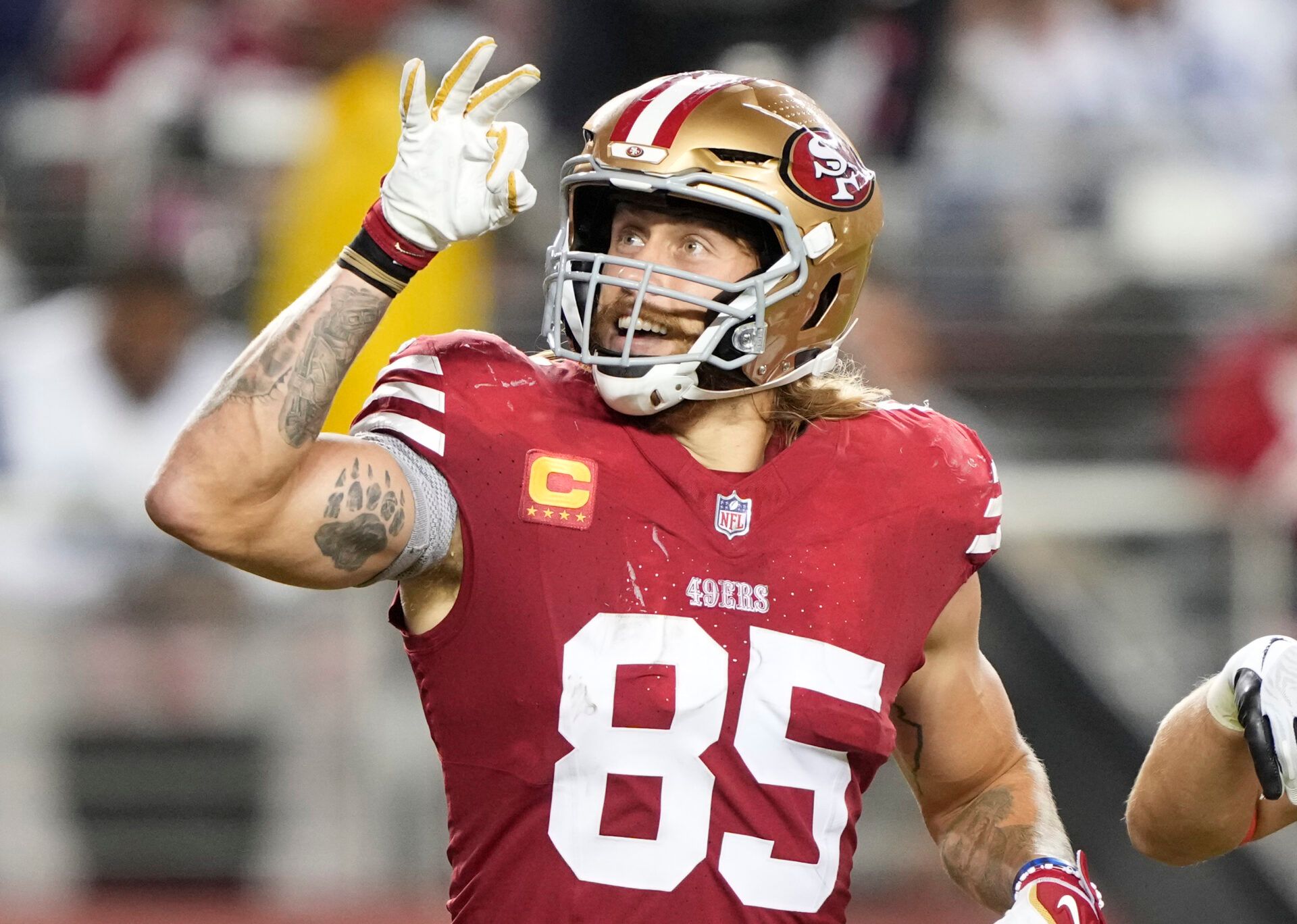 SANTA CLARA, CALIFORNIA - OCTOBER 08: George Kittle #85 of the San Francisco 49ers celebrates after a touchdown catch during the third quarter against the Dallas Cowboys at Levi's Stadium on October 08, 2023 in Santa Clara, California. (Photo by Thearon W. Henderson/Getty Images)