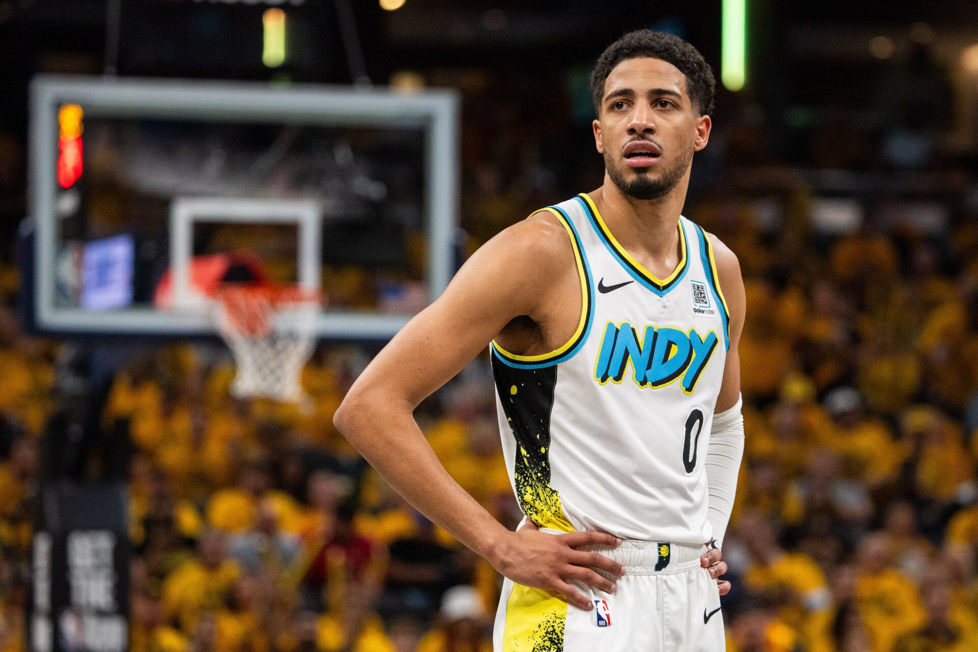 Apr 29, 2025; Indianapolis, Indiana, USA; Indiana Pacers guard Tyrese Haliburton (0) during game five of the first round for the 2024 NBA Playoffs against the Milwaukee Bucks at Gainbridge Fieldhouse. Mandatory Credit: Trevor Ruszkowski-Imagn Images