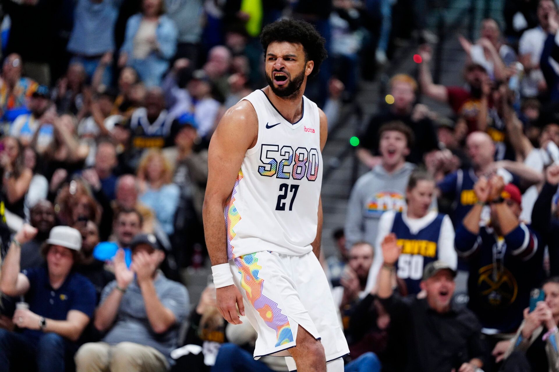 Apr 29, 2025; Denver, Colorado, USA; Denver Nuggets guard Jamal Murray (27) reacts after a steal and basket in the fourth quarter against the LA Clippers during game five of the first round for the 2025 NBA Playoffs at Ball Arena. Mandatory Credit: Ron Chenoy-Imagn Images