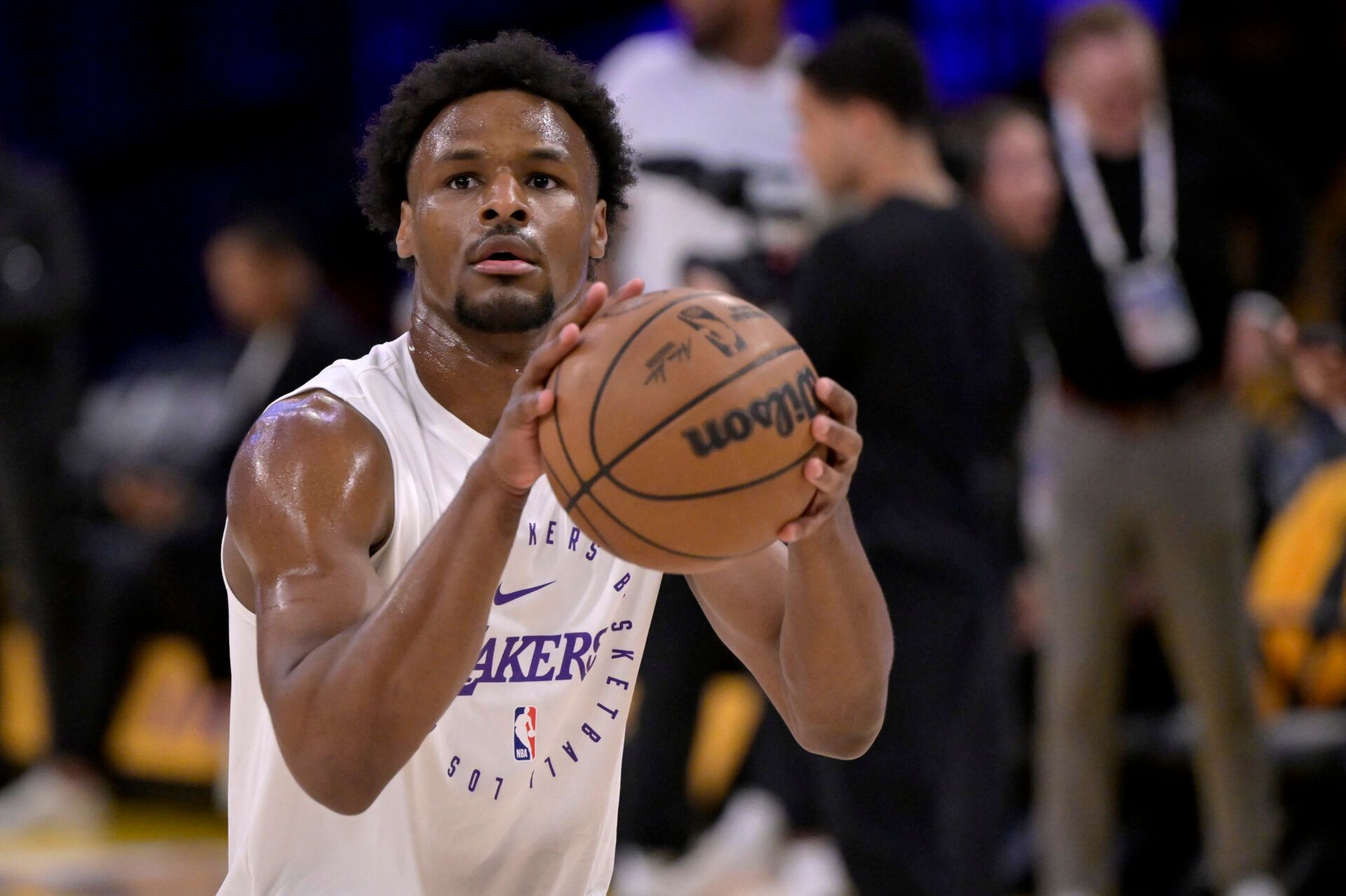 Apr 19, 2025; Los Angeles, California, USA; Los Angeles Lakers guard Bronny James (9) warms up prior to the game against the Minnesota Timberwolves at Crypto.com Arena. Mandatory Credit: Jayne Kamin-Oncea-Imagn Images