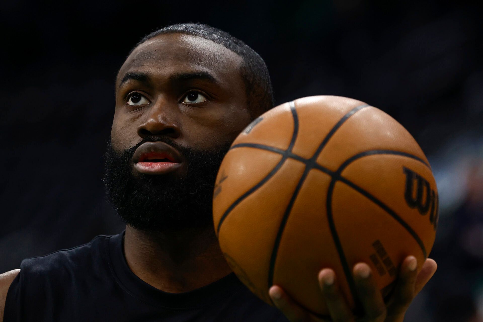 Apr 4, 2025; Boston, Massachusetts, USA; Boston Celtics guard Jaylen Brown (7) warms up before their game against the Phoenix Suns at TD Garden. Mandatory Credit: Winslow Townson-Imagn Images