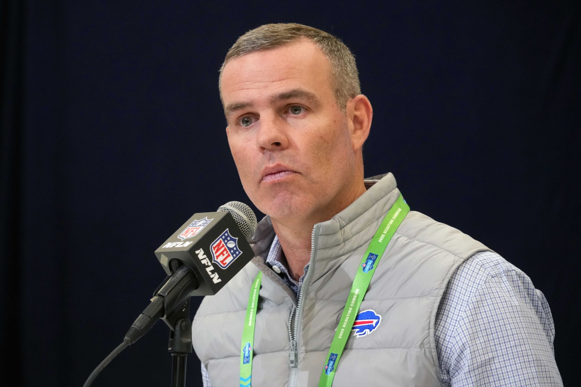 Feb 25, 2025; Indianapolis, IN, USA; Buffalo Bills general manager Brandon Beane speaks during the NFL Scouting Combine at the Indiana Convention Center. Mandatory Credit: Kirby Lee-Imagn Images