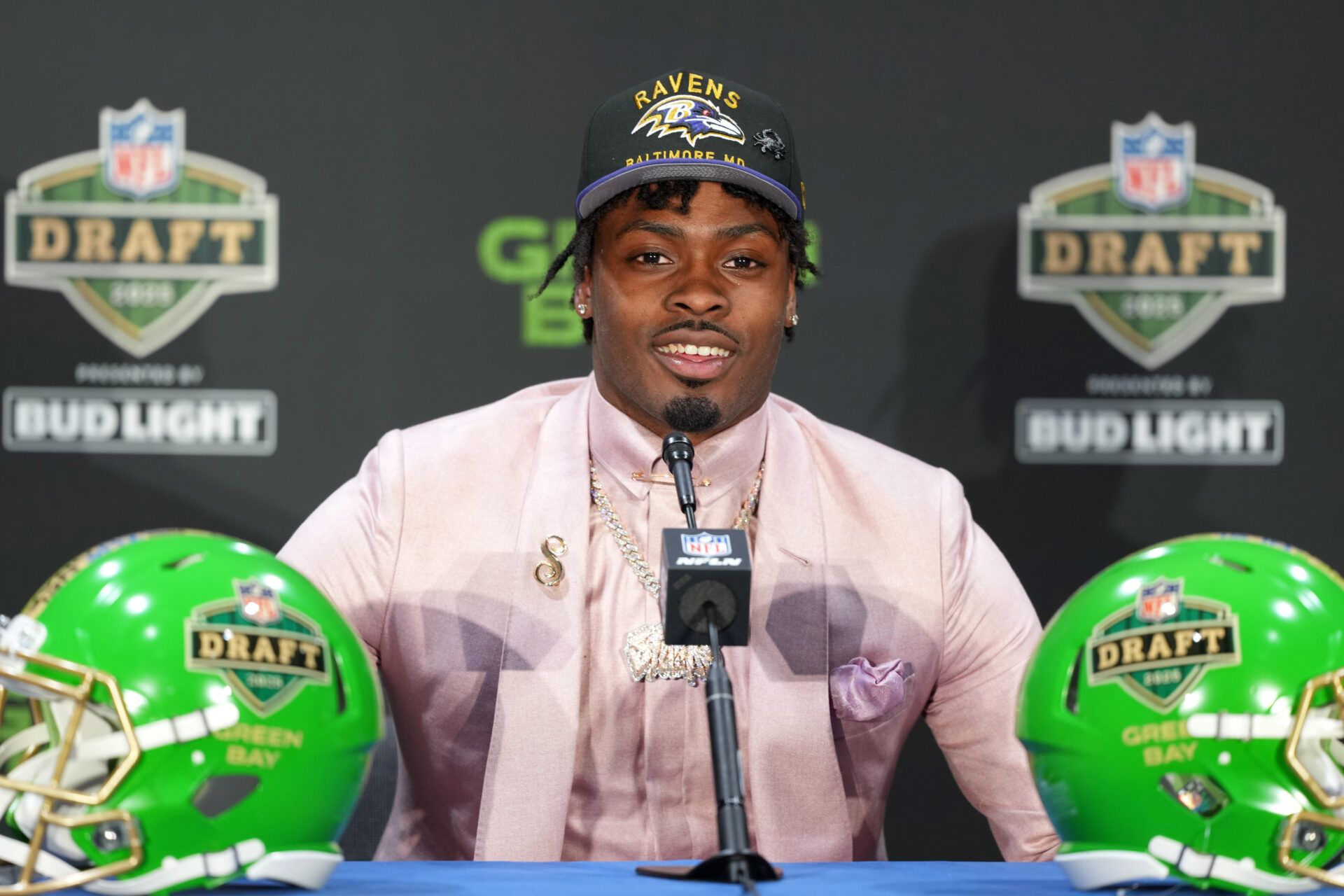 Apr 24, 2025; Green Bay, WI, USA; Malaki Starks speaks in a press conference after being selected by the Baltimore Ravens as the number 27 pick in the first round of the 2025 NFL Draft at Lambeau Field. Mandatory Credit: Kirby Lee-Imagn Images