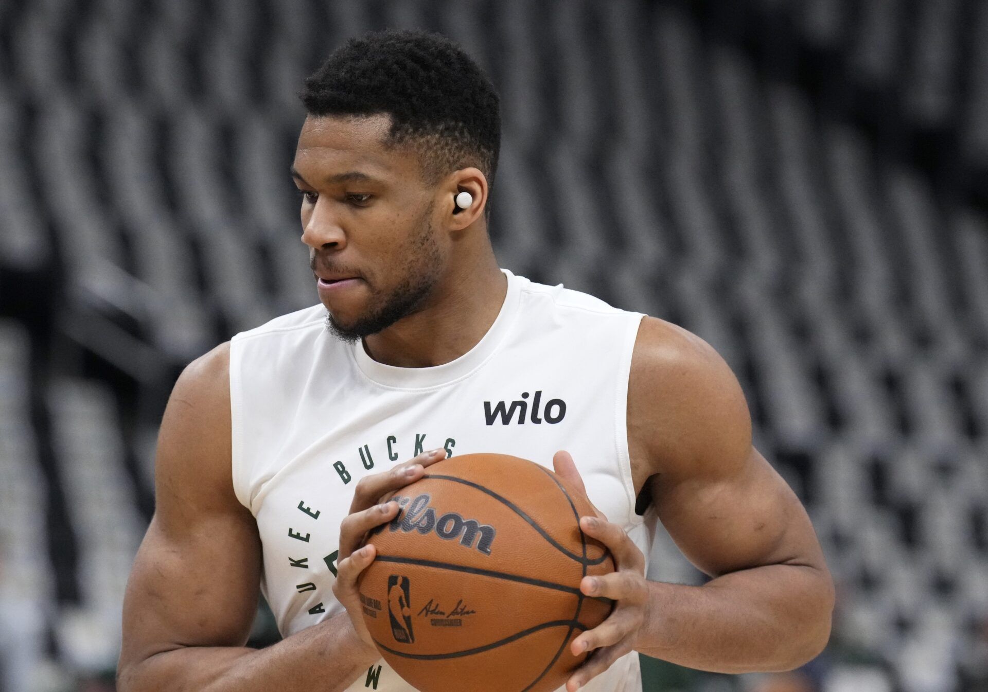 Apr 25, 2025; Milwaukee, Wisconsin, USA; Milwaukee Bucks forward Giannis Antetokounmpo (34) warms up before game three of first round of the 2024 NBA Playoffs at Fiserv Forum. Mandatory Credit: Michael McLoone-Imagn Images