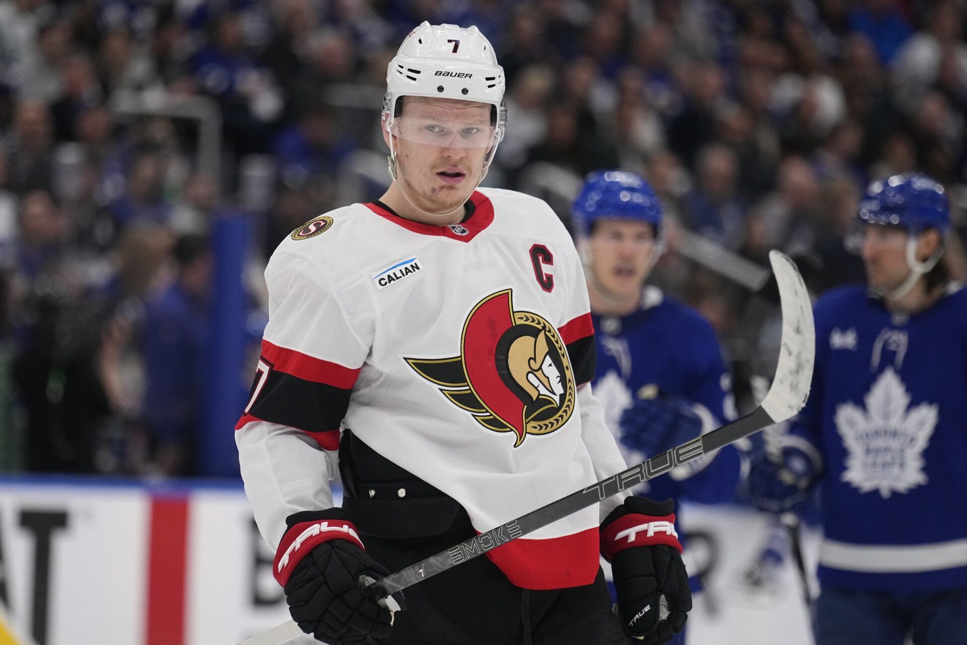 Apr 20, 2025; Toronto, Ontario, CAN; Ottawa Senators forward Brady Tkachuk (7) during a break in the action against the Toronto Maple Leafs during the second period of game one of the first round of the 2025 Stanley Cup Playoffs at Scotiabank Arena. Mandatory Credit: John E. Sokolowski-Imagn Images