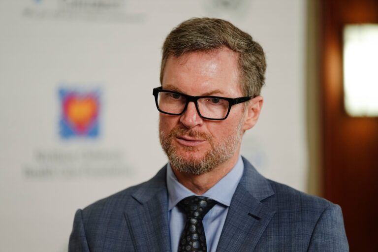 May 1, 2024; Columbus, OH, USA; NASCAR legend Dale Earnhardt Jr. talks to media following the Memorial Tournament Legends Luncheon at the Ohio Union. Earnhardt emceed the event.