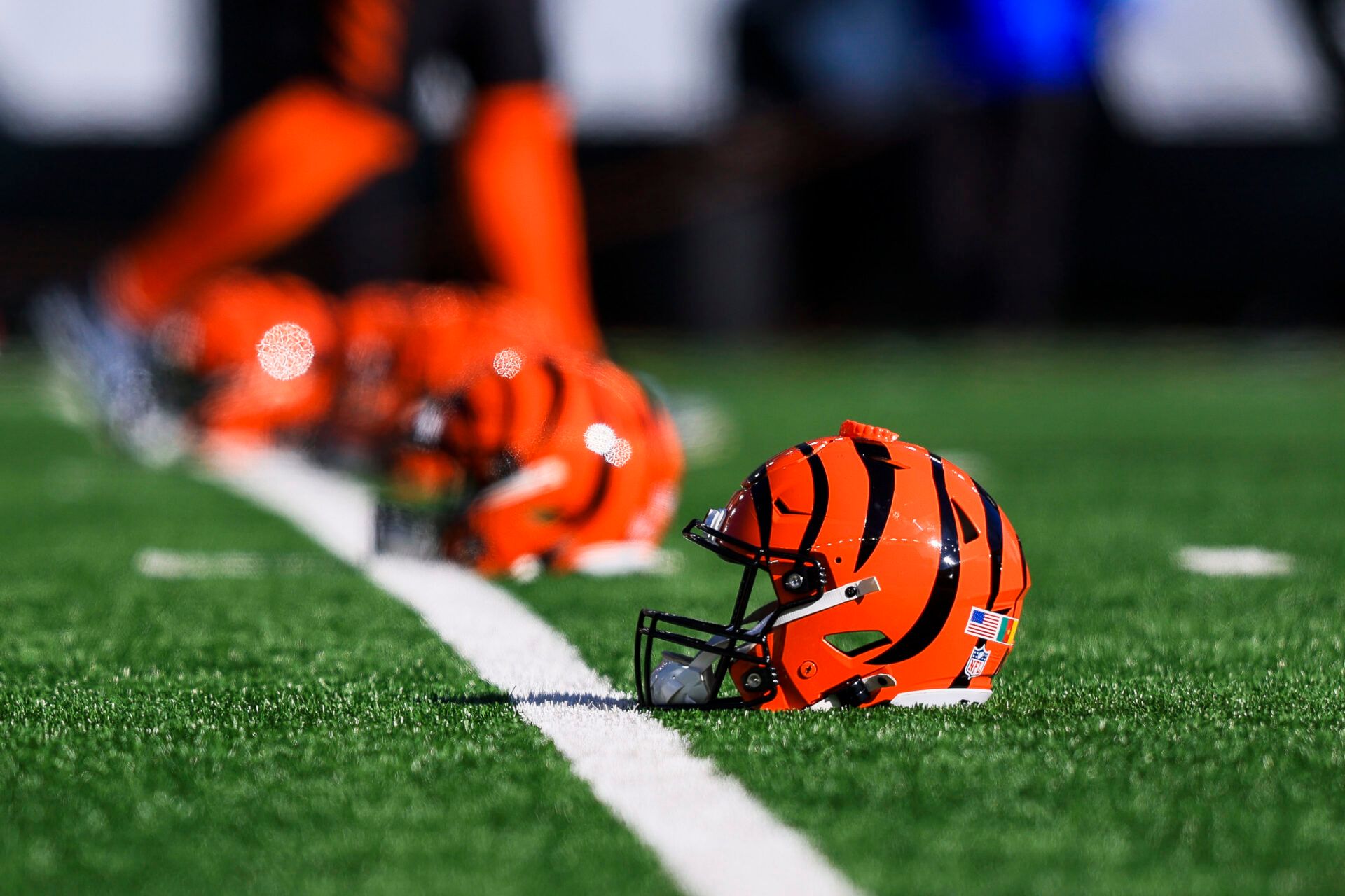 Dec 1, 2024; Cincinnati, Ohio, USA; A general view of a Cincinnati Bengals helmet during warmups before the game against the Pittsburgh Steelers at Paycor Stadium. Mandatory Credit: Katie Stratman-Imagn Images