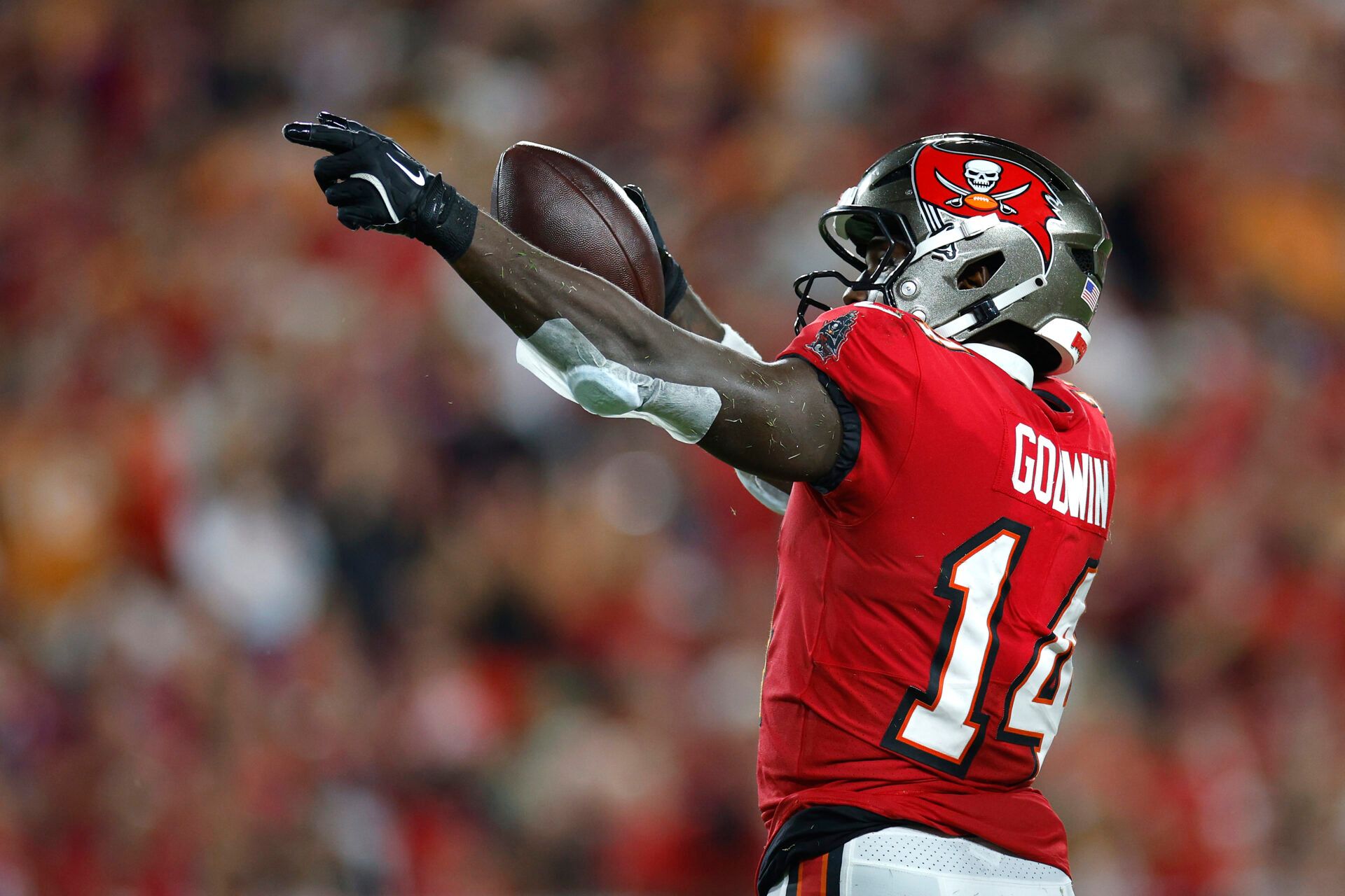TAMPA, FLORIDA - OCTOBER 21: Chris Godwin #14 of the Tampa Bay Buccaneers reacts after making a first down during the second quarter against the Baltimore Ravens at Raymond James Stadium on October 21, 2024 in Tampa, Florida. (Photo by Mike Ehrmann/Getty Images)