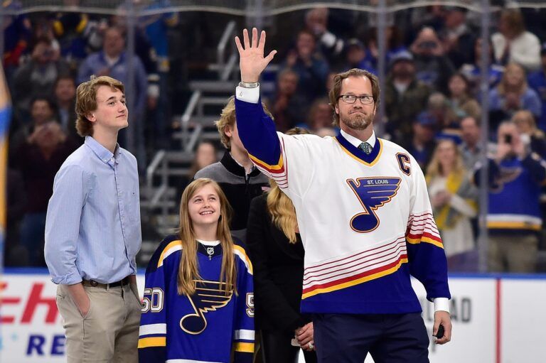 Feb 8, 2020; St. Louis, Missouri, USA; Former St. Louis Blues defenseman Chris Pronger (44) waves to fans after it was announced that the Blues would retire his jersey next year prior to a game against the Dallas Stars at Enterprise Center. Mandatory Credit: Jeff Curry-USA TODAY Sports