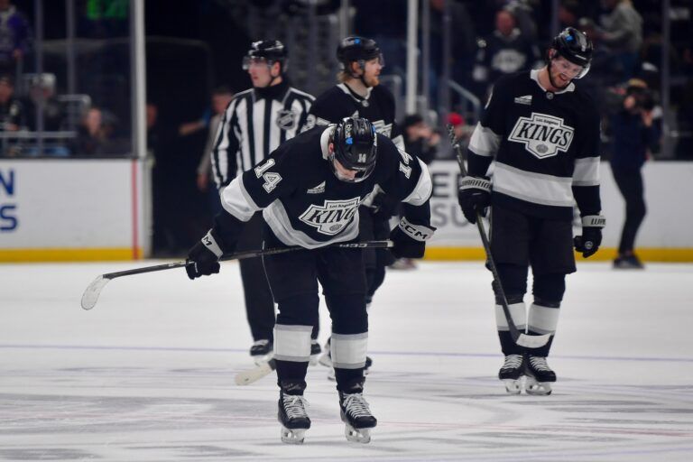 Los Angeles Kings right wing Alex Laferriere (14) reacts following the loss against the Edmonton Oilers in game five of the first round of the 2025 Stanley Cup Playoffs at Crypto.com Arena.