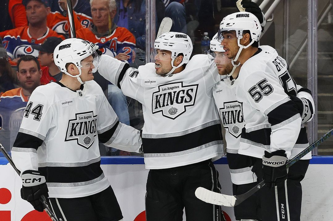 The Los Angeles Kings celebrate a goal by forward Kevin Fiala (22) during the second period against the Edmonton Oilers in game four of the first round of the 2025 Stanley Cup Playoffs at Rogers Place.