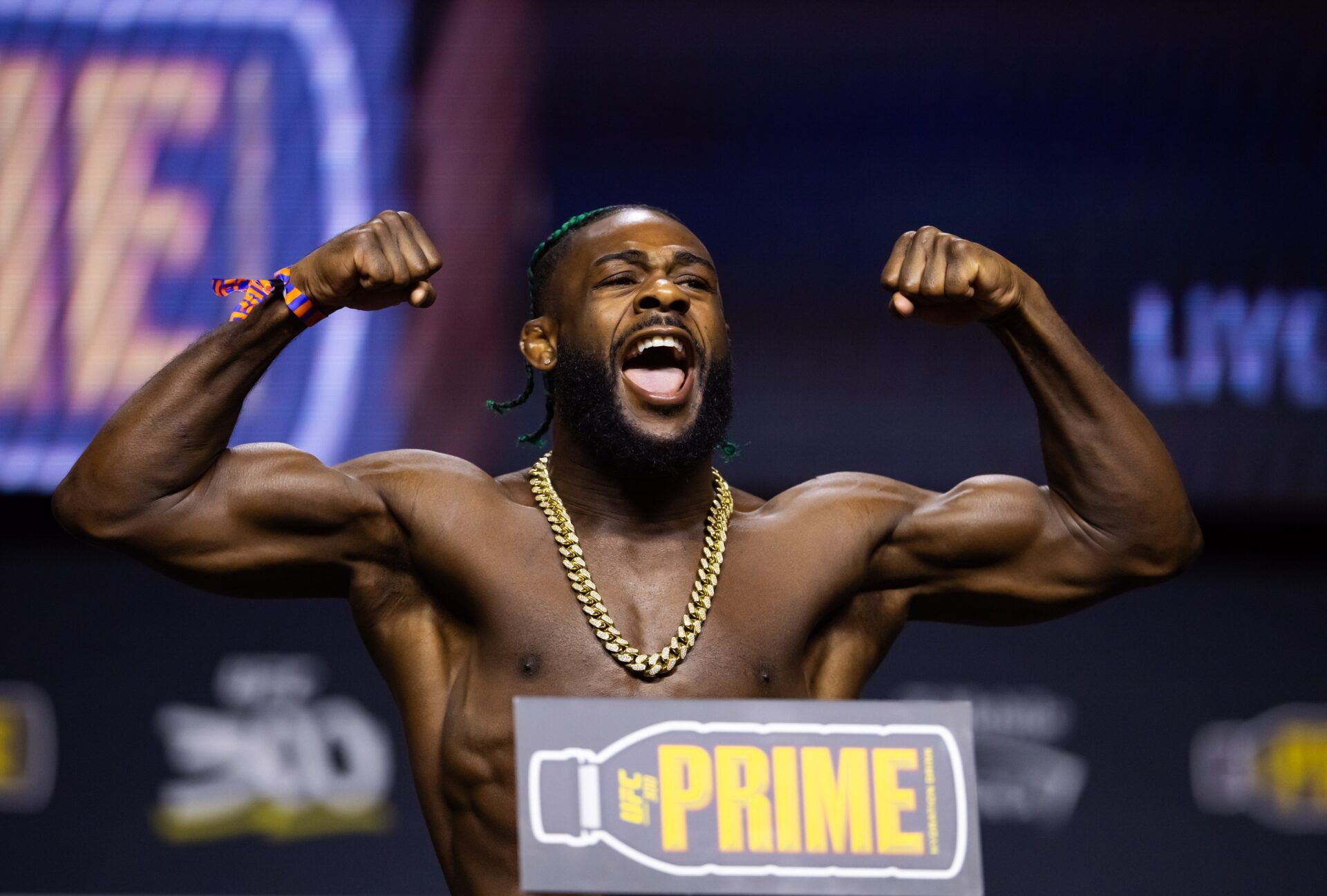 Apr 12, 2024; Las Vegas, Nevada, USA; UFC fighter Aljamain Sterling during ceremonial weigh ins for UFC 300 at MGM Grand Garden Arena. Mandatory Credit: Mark J. Rebilas-USA TODAY Sports