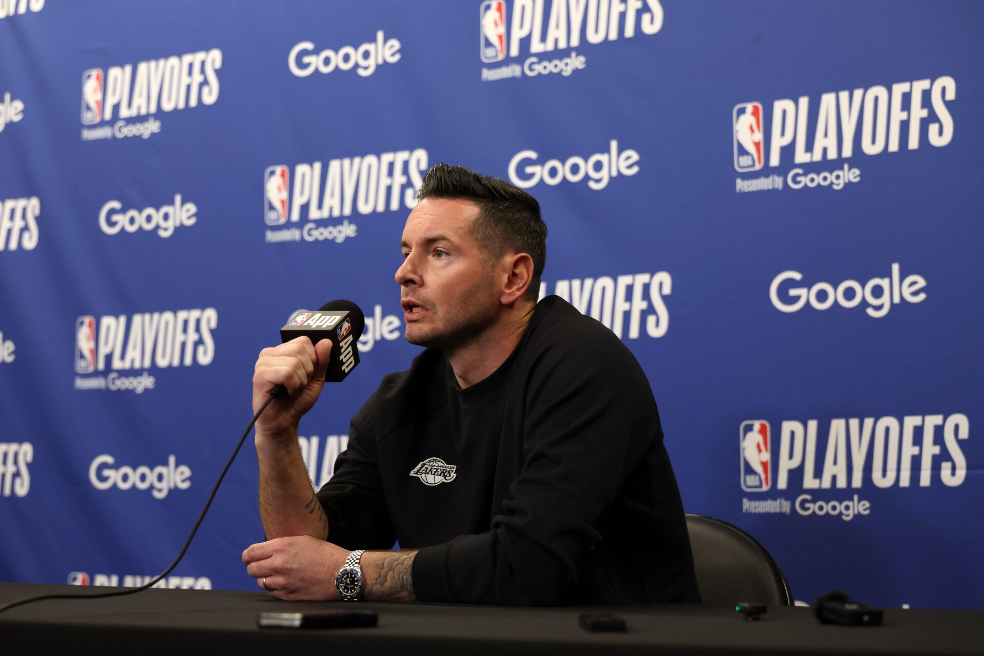 Apr 22, 2025; Los Angeles, California, USA; Los Angeles Lakers head coach JJ Redick speaks to media before a game two of first round for the 2024 NBA Playoffs against the Minnesota Timberwolves at Crypto.com Arena. Mandatory Credit: Kiyoshi Mio-Imagn Images