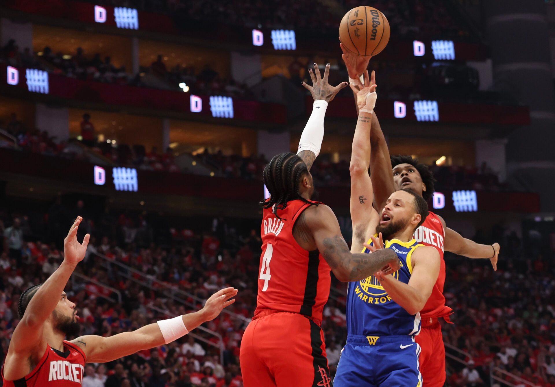 Apr 30, 2025; Houston, Texas, USA; Golden State Warriors guard Stephen Curry (30) shot is blocked by Houston Rockets forward Amen Thompson (1) in the second quarter during game five of first round for the 2025 NBA Playoffs at Toyota Center. Mandatory Credit: Thomas Shea-Imagn Images
