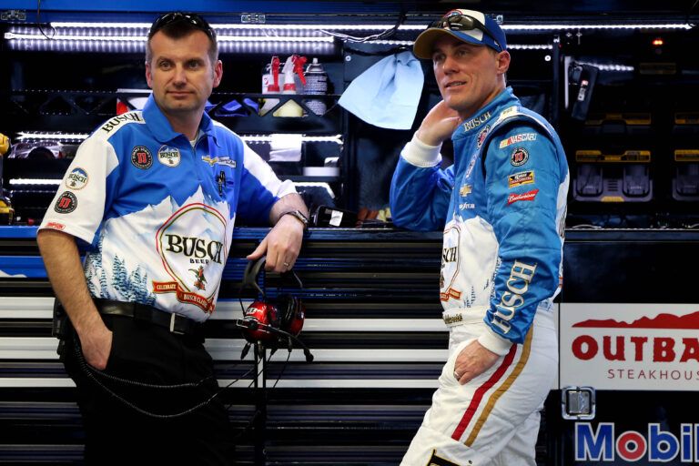 Feb 12, 2016; Daytona Beach, FL, USA; NASCAR Sprint Cup Series driver Kevin Harvick (4) talks with his crew chief Rodney Childers (left) during practice for the Sprint Unlimited at Daytona International Speedway. Mandatory Credit: Peter Casey-USA TODAY Sports