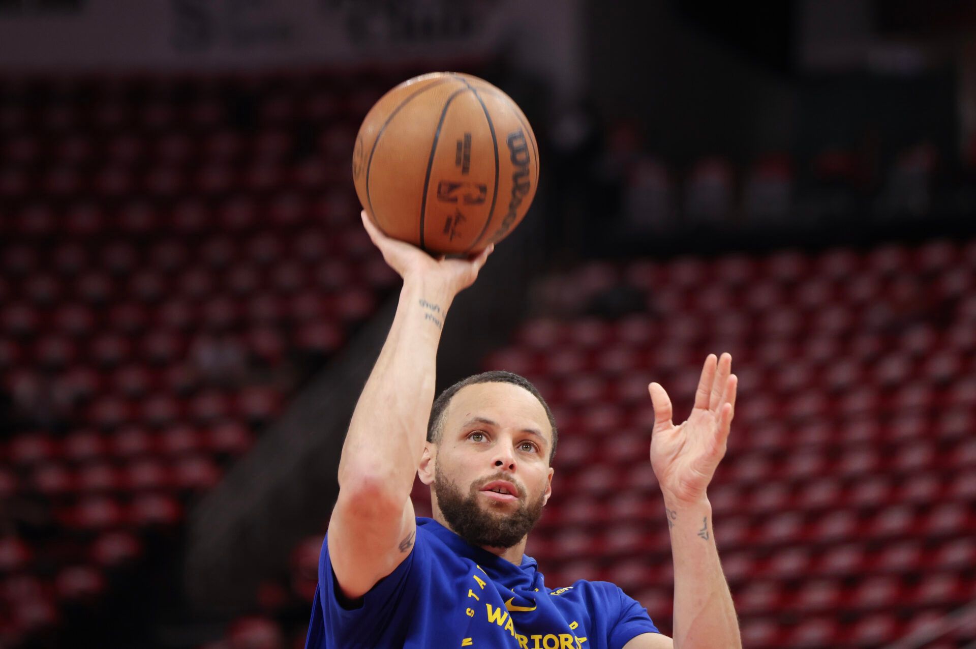 Apr 30, 2025; Houston, Texas, USA; Golden State Warriors guard Stephen Curry (30) warms up before playing against the Houston Rockets before game five of first round for the 2025 NBA Playoffs at Toyota Center. Mandatory Credit: Thomas Shea-Imagn Images