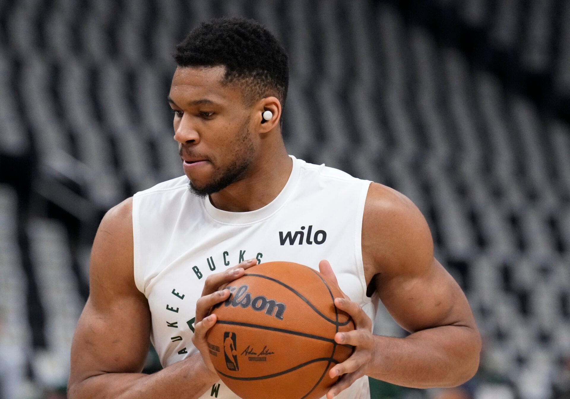 Apr 25, 2025; Milwaukee, Wisconsin, USA; Milwaukee Bucks forward Giannis Antetokounmpo (34) warms up before game three of first round of the 2024 NBA Playoffs at Fiserv Forum. Mandatory Credit: Michael McLoone-Imagn Images