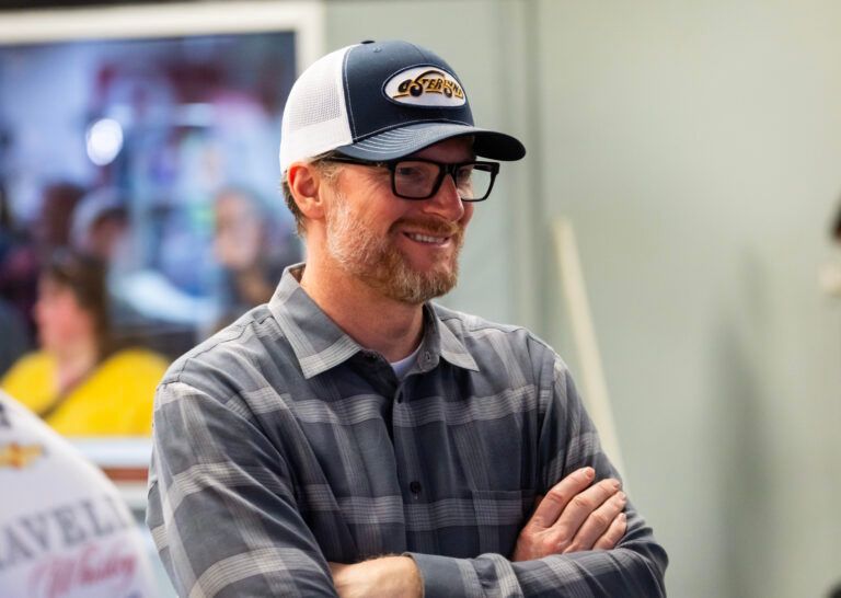 Feb 14, 2025; Daytona Beach, Florida, USA; NASCAR Cup Series team owner Dale Earnhardt Jr during practice for the Daytona 500 at Daytona International Speedway. Mandatory Credit: Mark J. Rebilas-Imagn Images