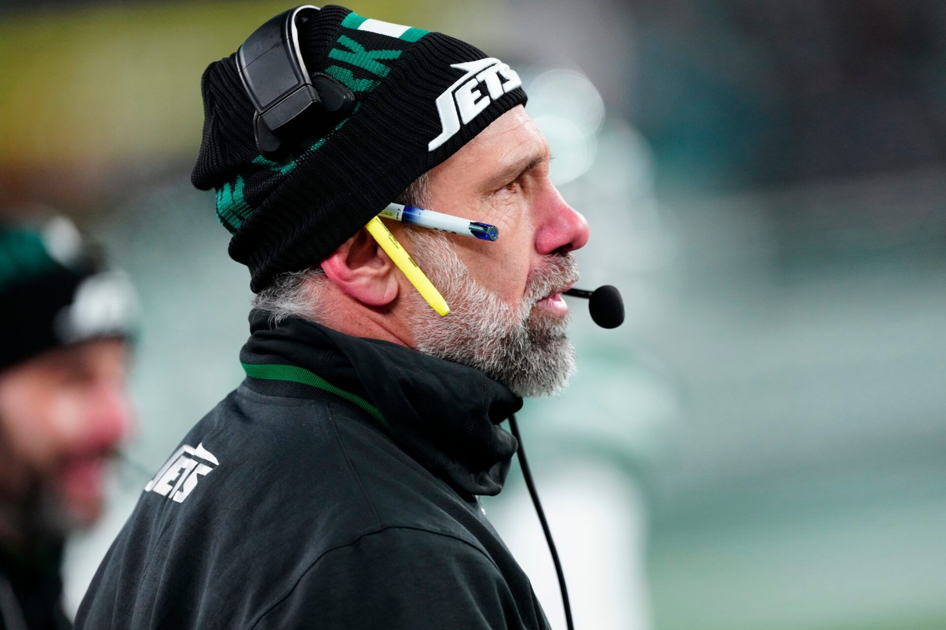 New York Jets Interim Head Coach Jeff Ulbrich is shown on the sideline during the fourth quarter, Sunday January 5, 2025, in East Rutherford.