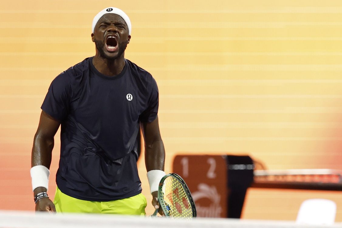 Mar 22, 2025; Miami, FL, USA; Frances Tiafoe (USA) celebrates after match point against Alejandro Davidovich Fokina (ESP)(not pictured) on day five of the Miami Open at Hard Rock Stadium. Mandatory Credit: Geoff Burke-Imagn Images