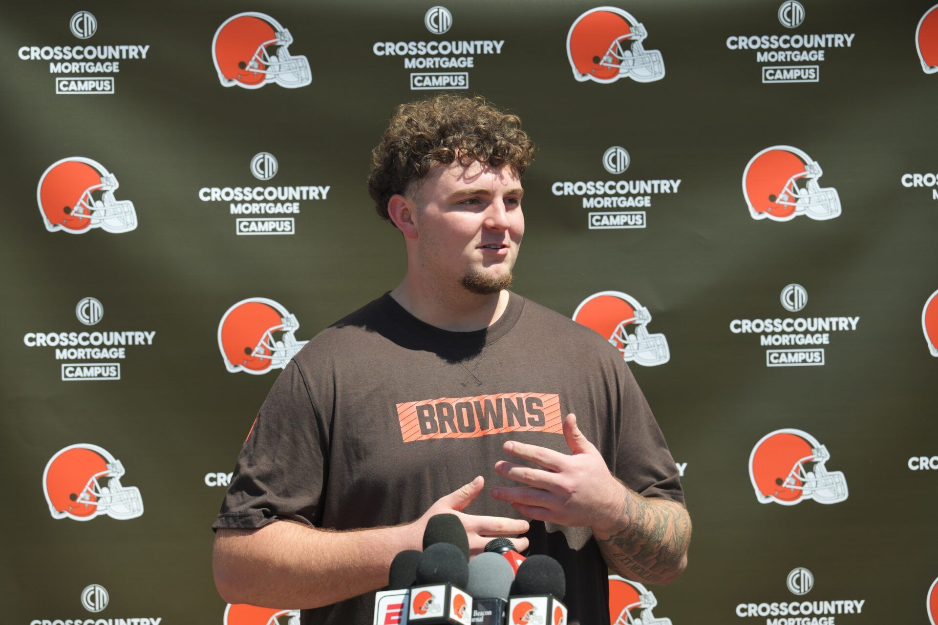 Cleveland Browns defensive tackle Mason Graham (94) talks to the media during rookie camp at CrossCountry Mortgage Campus.