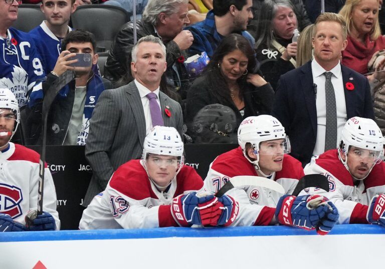 Nov 9, 2024; Toronto, Ontario, CAN; Montreal Canadiens head coach Martin St. Louis watches the play against the Toronto Maple Leafs during the third period at Scotiabank Arena. Mandatory Credit: Nick Turchiaro-Imagn Images