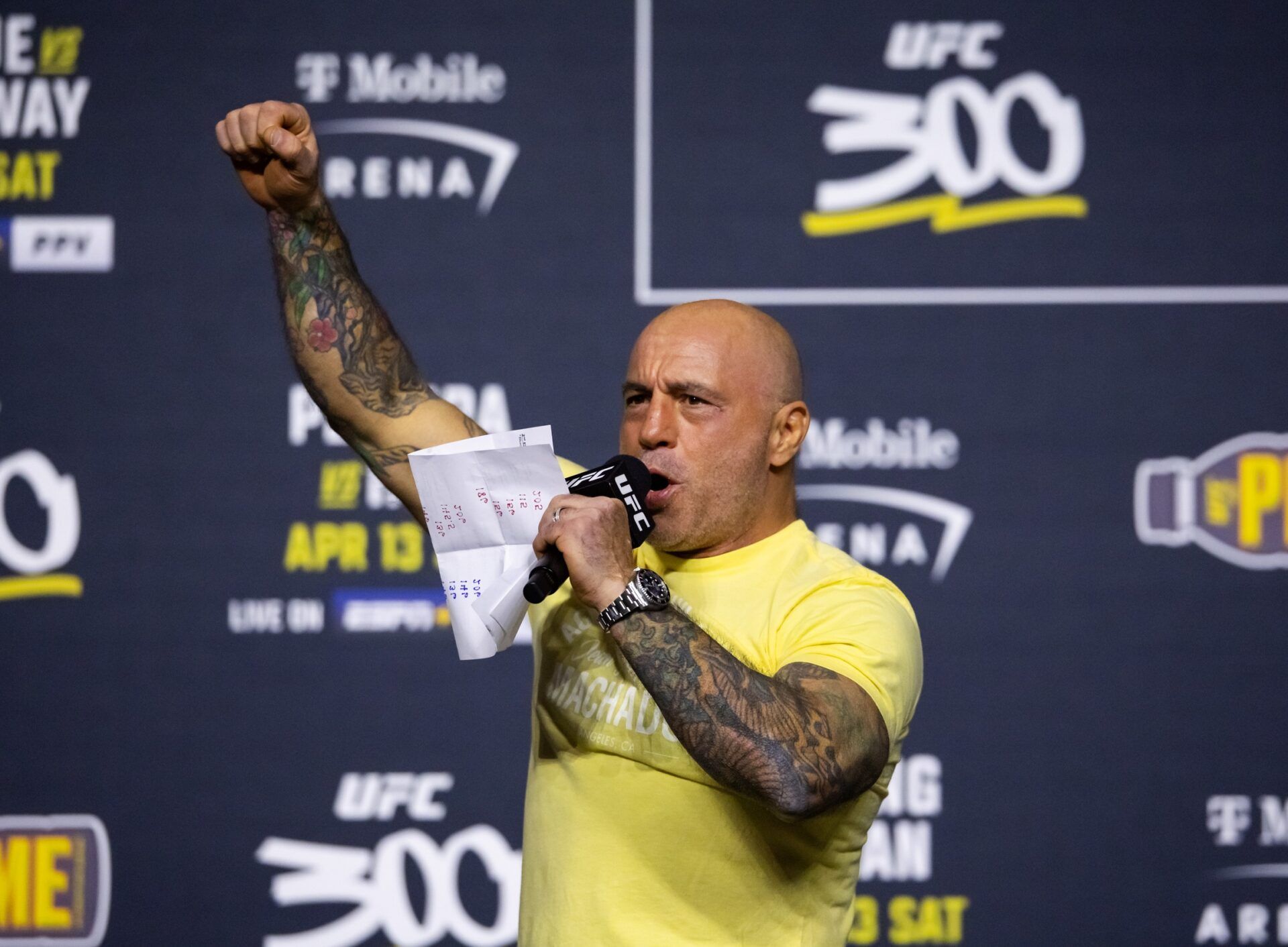 Apr 12, 2024; Las Vegas, Nevada, USA; UFC announcer Joe Rogan during ceremonial weigh ins for UFC 300 at MGM Grand Garden Arena. Mandatory Credit: Mark J. Rebilas-USA TODAY Sports