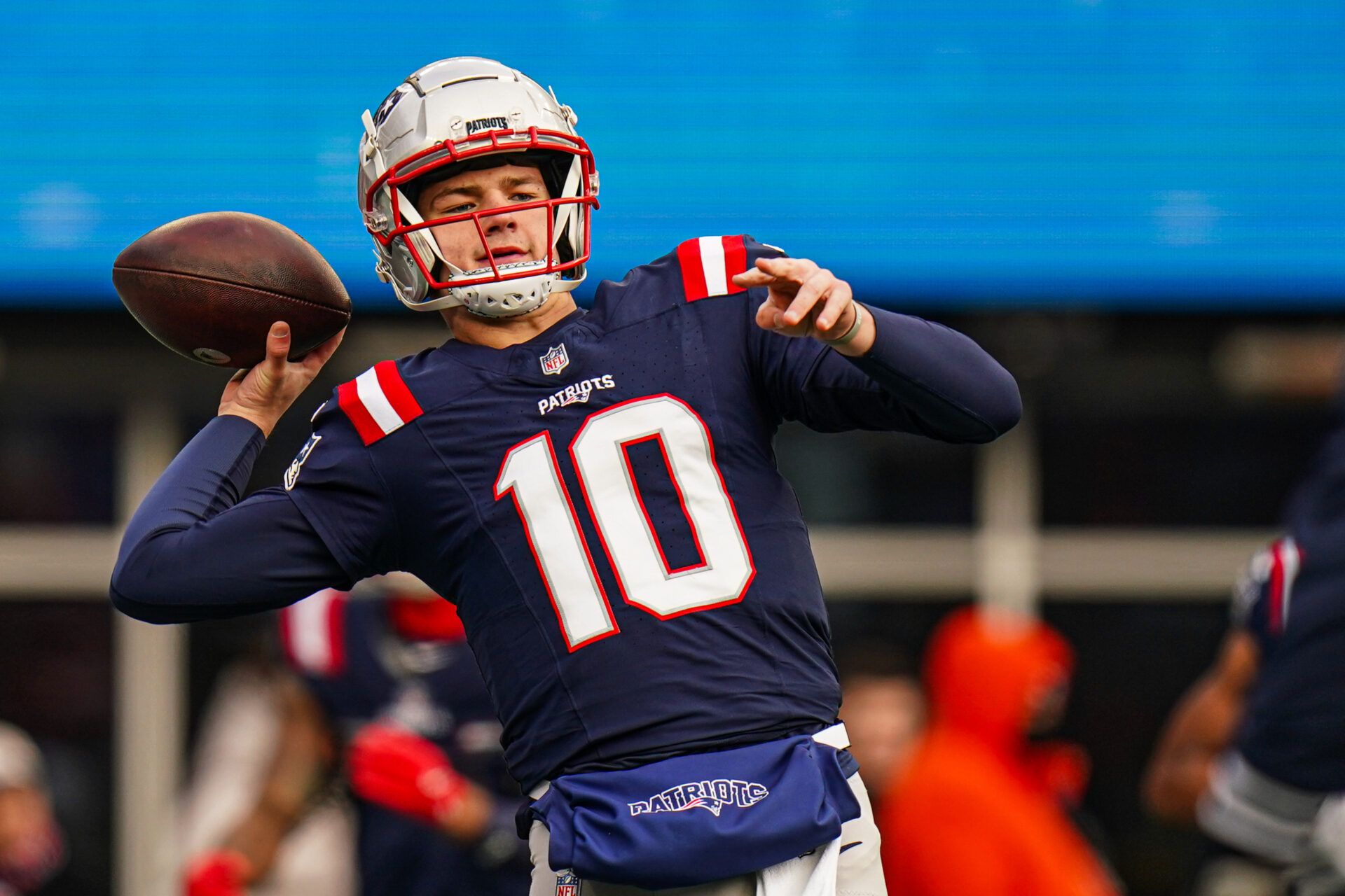 Jan 5, 2025; Foxborough, Massachusetts, USA; New England Patriots quarterback Drake Maye (10) warms up before the start of the game against the Buffalo Bills at Gillette Stadium. Mandatory Credit: David Butler II-Imagn Images