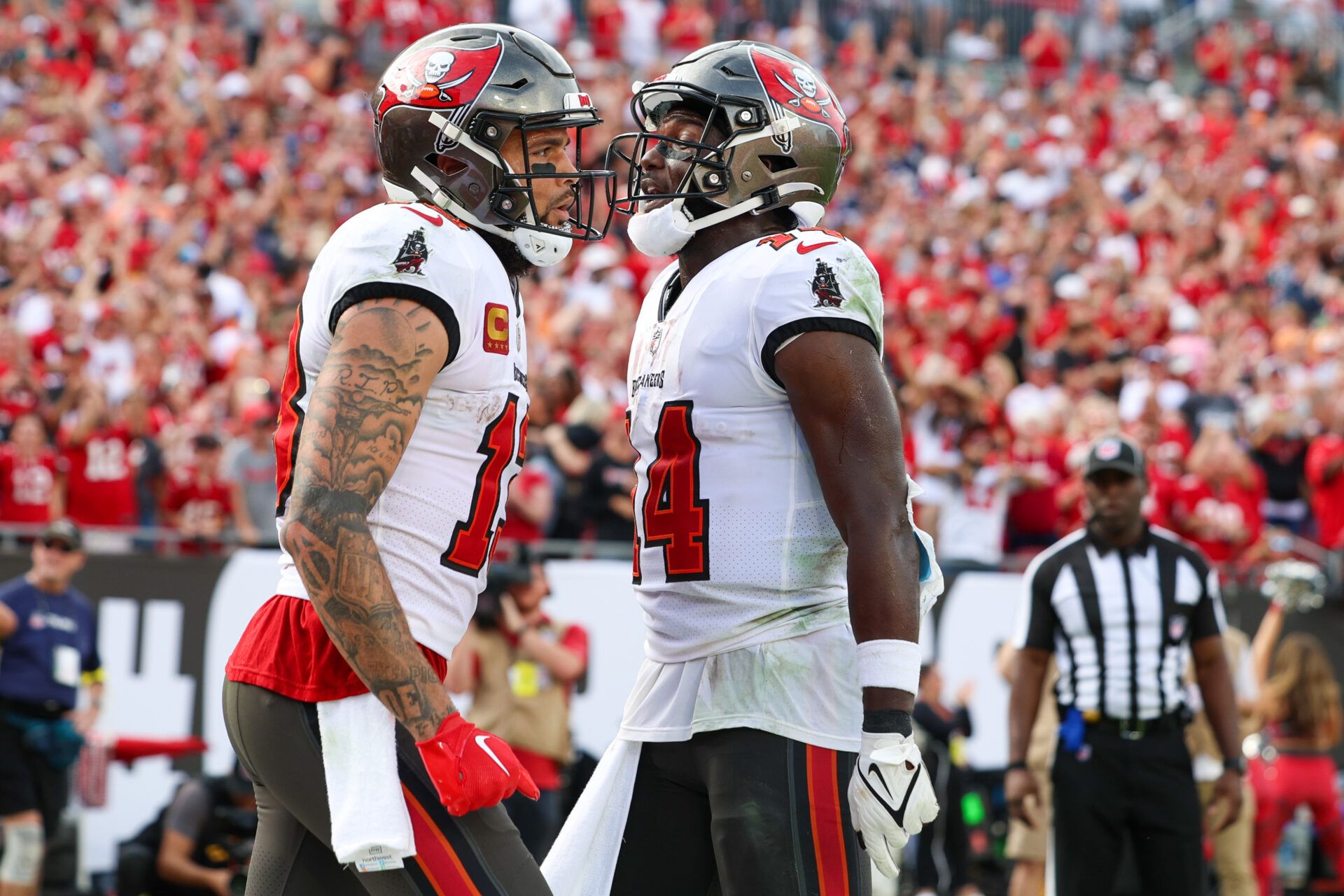 Tampa Bay Buccaneers wide receiver Chris Godwin (14) congratulates wide receiver Mike Evans (13) after scoring a touchdown against the Carolina Panthers in the fourth quarter at Raymond James Stadium.