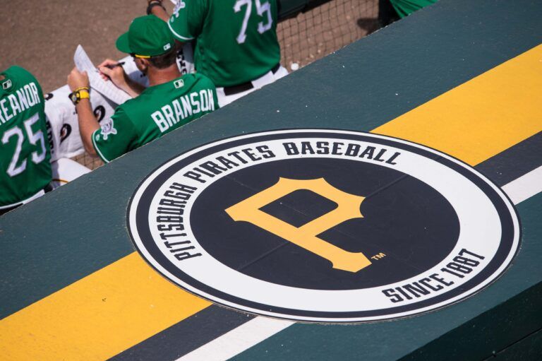 A view of the Pittsburgh Pirates logo during the game between the Pirates and the New York Yankees at McKechnie Field. The Yankees defeat the Pirates 7-2.