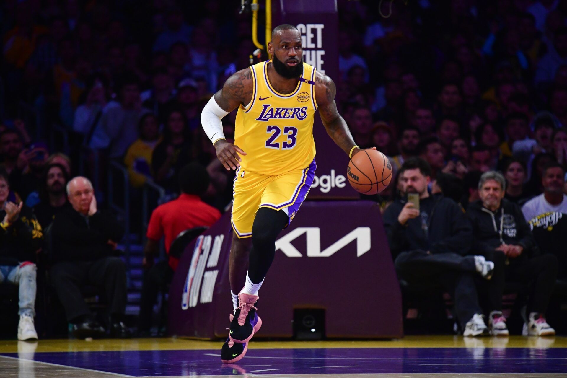 Los Angeles Lakers forward LeBron James (23) brings the ball up court against the Minnesota Timberwolves during the first half in game five of first round for the 2025 NBA Playoffs at Crypto.com Arena.