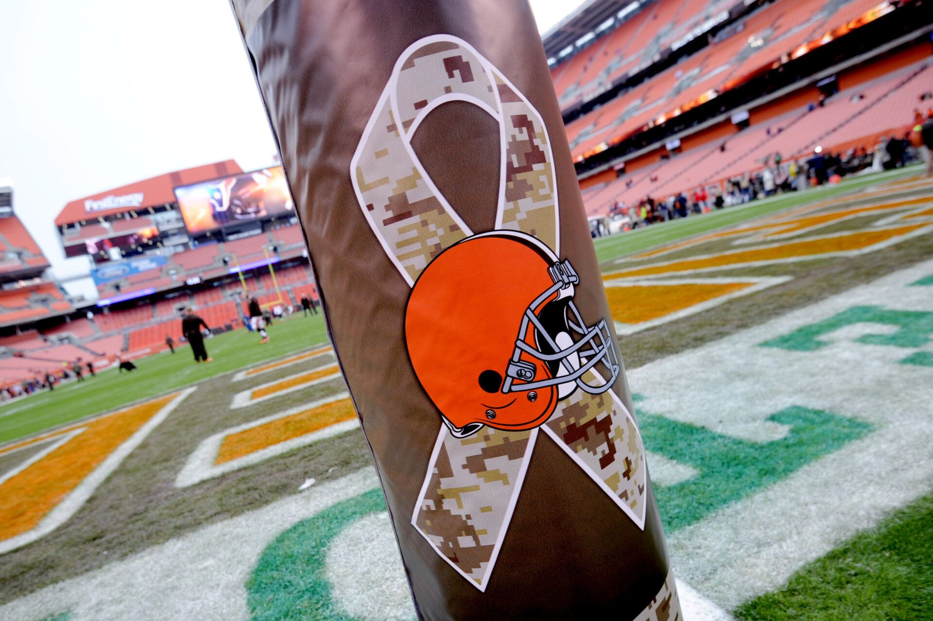 A detailed view of the Cleveland Browns Salute to Service logo on a goal post before the game between the Cleveland Browns and the Houston Texans at FirstEnergy Stadium.