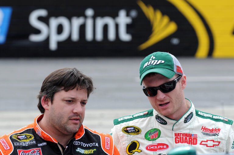 March 28, 2008; Martinsville, Virginia, USA; NASCAR SPRINT Cup Series drivers Tony Stewart (20) and Dale Earnhardt Jr (88) during Qualifying for the Goody's Cool Orange 500 at Martinsville Speedway. Mandatory Credit: Sam Sharpe-USA TODAY Sports