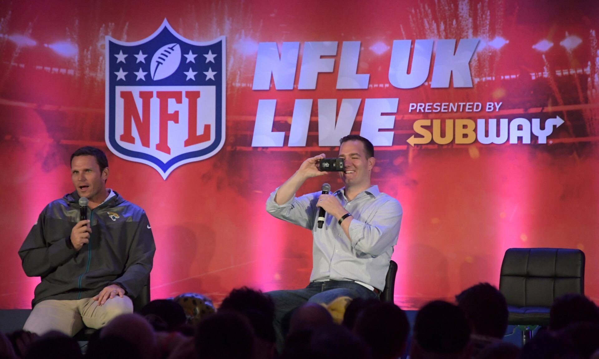 Sep 23, 2017; London, England, United Kingdom; Jacksonville Jaguars former tackle Tony Boselli (left) and NFL former lineman Ross Tucker speak during NFL UK Live at the Landmark Hotel. Mandatory Credit: Kirby Lee-USA TODAY Sports
