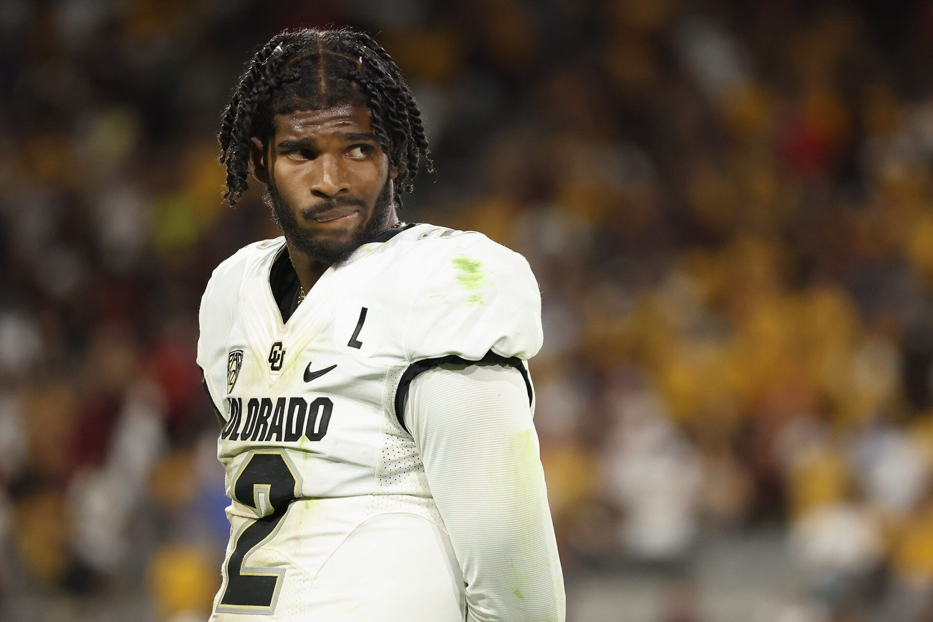 TEMPE, ARIZONA - OCTOBER 07: Quarterback Shedeur Sanders #2 of the Colorado Buffaloes watches from the sidelines during the second half of the NCAAF game against the Arizona State Sun Devils at Mountain America Stadium on October 07, 2023 in Tempe, Arizona. The Buffaloes defeated the Sun Devils 27-24. (Photo by Christian Petersen/Getty Images)