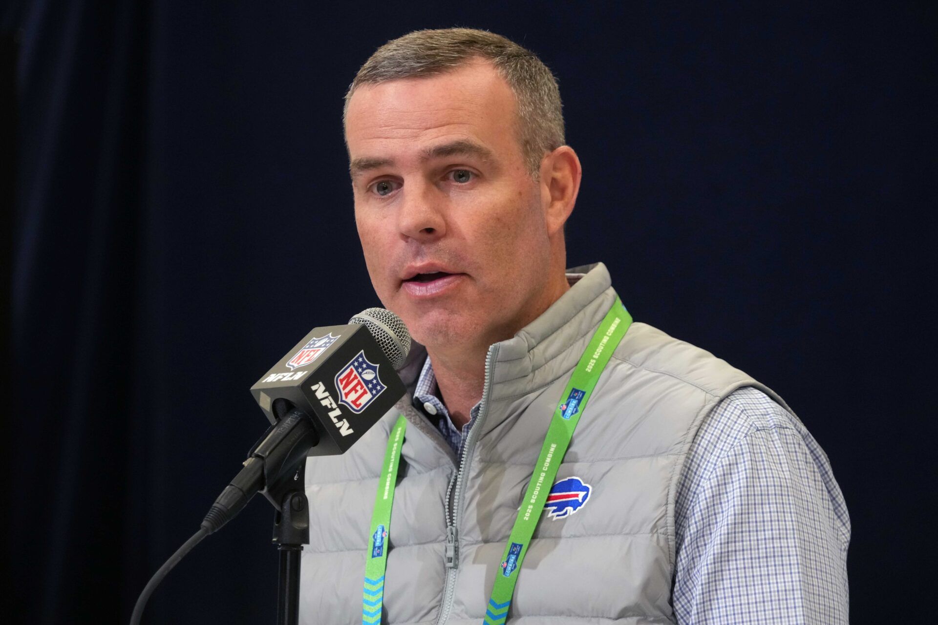 Feb 25, 2025; Indianapolis, IN, USA; Buffalo Bills general manager Brandon Beane speaks during the NFL Scouting Combine at the Indiana Convention Center. Mandatory Credit: Kirby Lee-Imagn Images