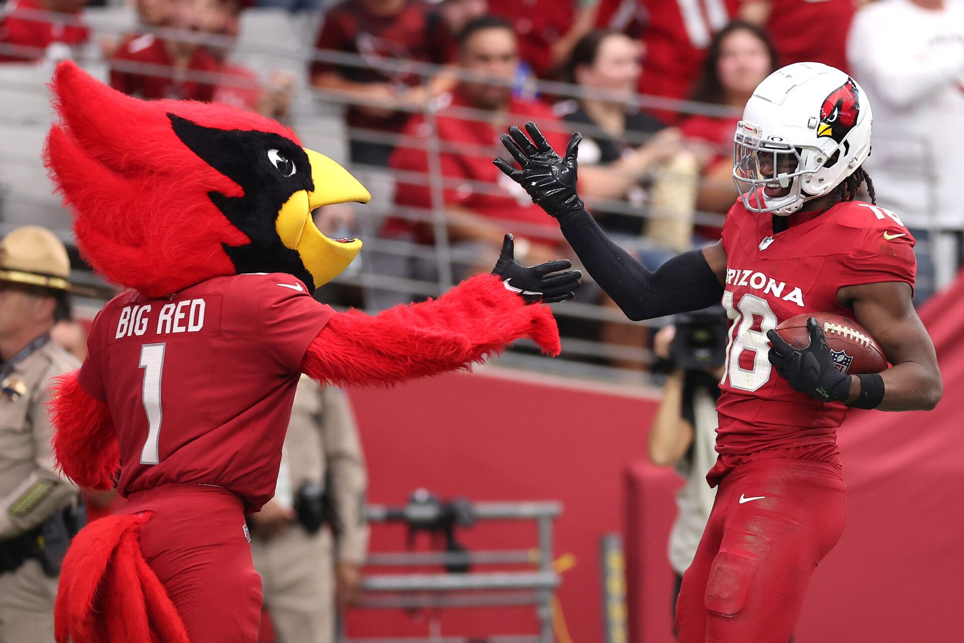 GLENDALE, ARIZONA - SEPTEMBER 15: Marvin Harrison Jr. #18 of the Arizona Cardinals celebrates a touchdown during the first quarter against the Los Angeles Rams at State Farm Stadium on September 15, 2024 in Glendale, Arizona. (Photo by Christian Petersen/Getty Images)